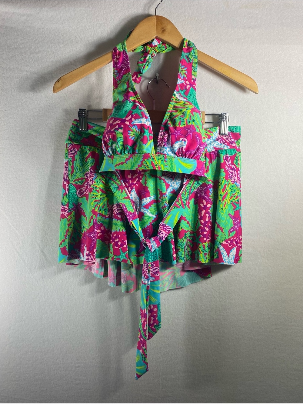 Stella Parker Collection Women’s Fuchsia Tropical Starfish Halter Swimsuit Set L